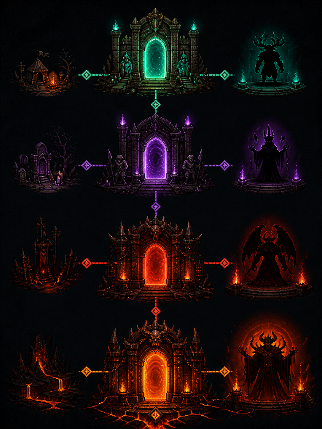 Original illustrated difficulty progression gates